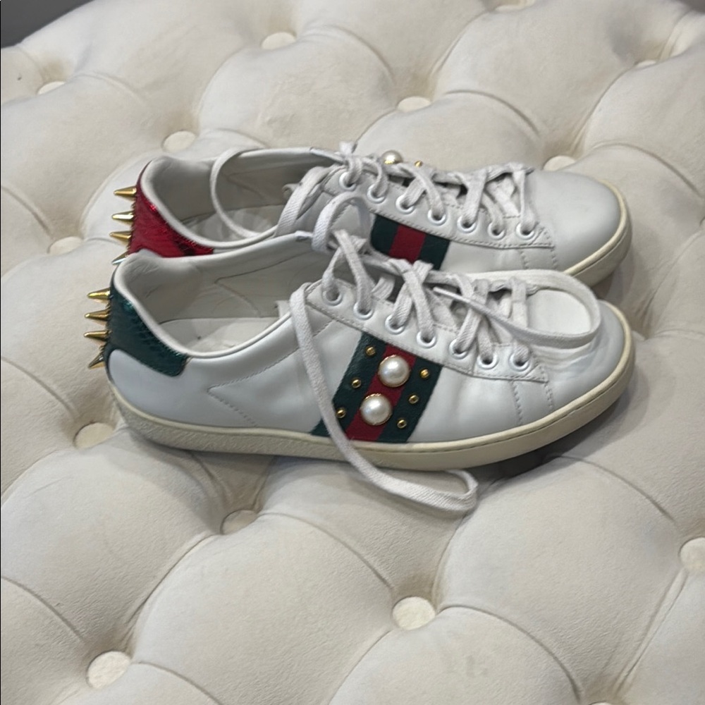 Gucci Women's White and Green Sneakers with Gold Accents